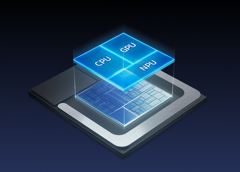 img1-GalaxyBook5Pro-mobile Illustrazione 3D di un chip Intel Core Ultra montato sulla scheda madre di Galaxy Book5