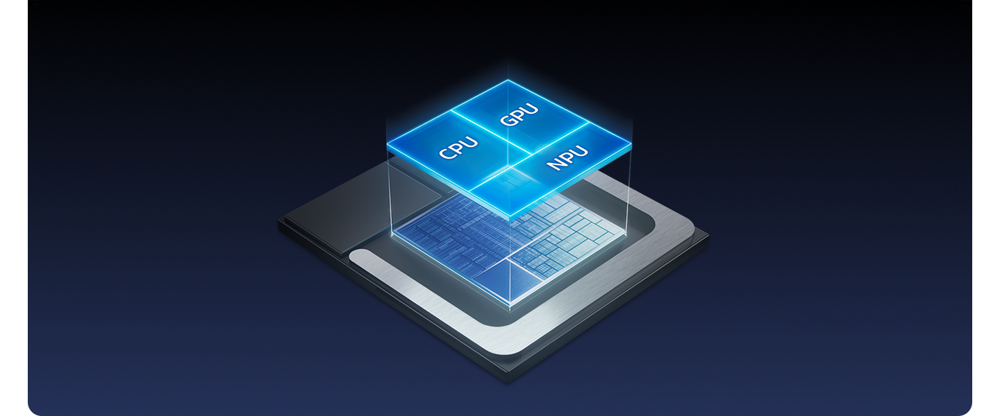 img1-GalaxyBook5Pro Illustrazione 3D di un chip Intel Core Ultra montato sulla scheda madre di Galaxy Book5
