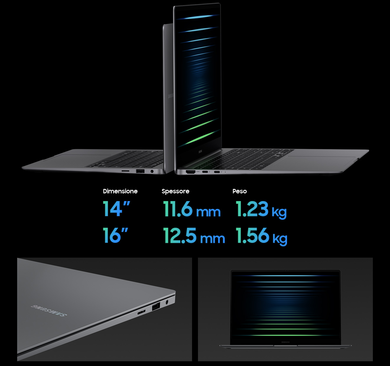 img2-GalaxyBook5Pro Galaxy Book5 ultrasottile visto di profilo, con grafica delle dimensioni e peso del dispositivo
