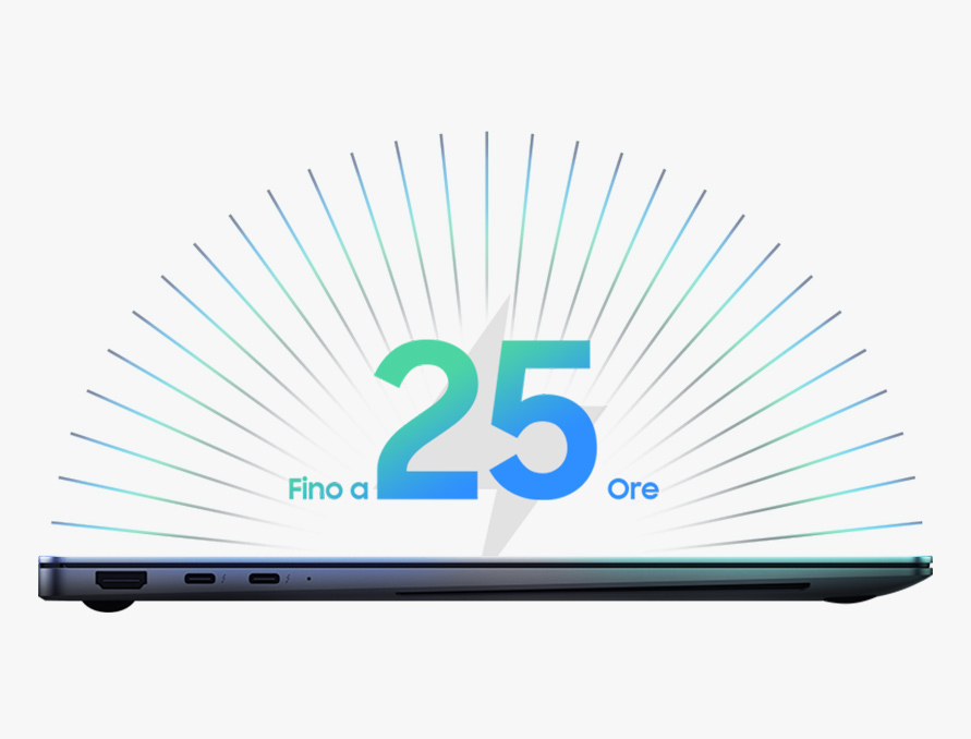 img9-GalaxyBook5Pro-mobile Icona grafica semicircolare che indica autonomia della batteria fino a 25 ore con una carica