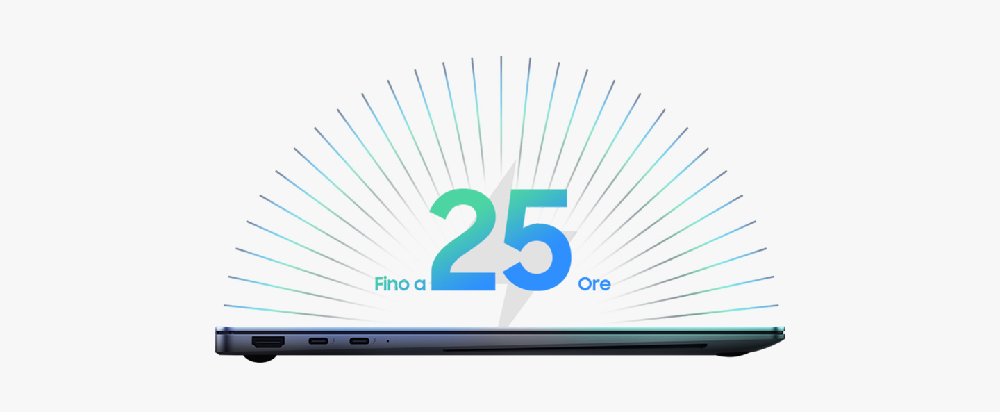 img9-GalaxyBook5Pro Icona grafica semicircolare che indica autonomia della batteria fino a 25 ore con una carica