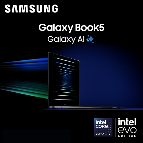 samsung-galaxy-book5-galaxy-ai-mobile Samsung Galaxy Book5 aperto visto di lato, con effetti luminosi blu e verdi su sfondo scuro