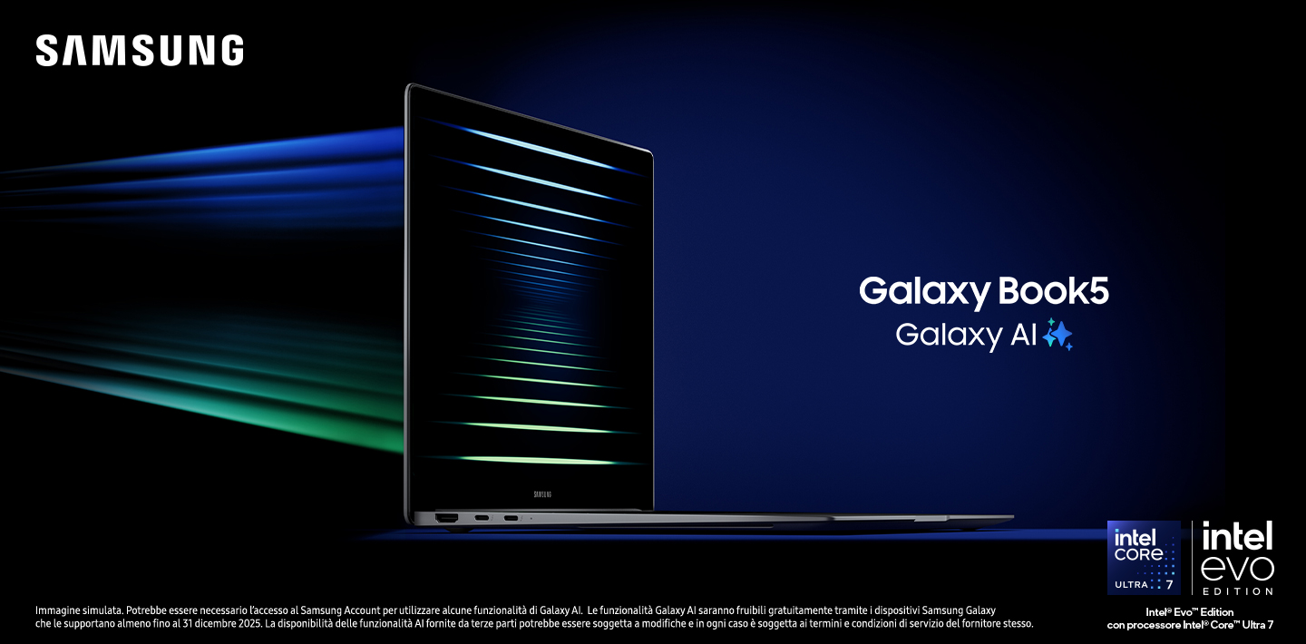 samsung-galaxy-book5-galaxy-ai Samsung Galaxy Book5 aperto visto di lato, con effetti luminosi blu e verdi su sfondo scuro