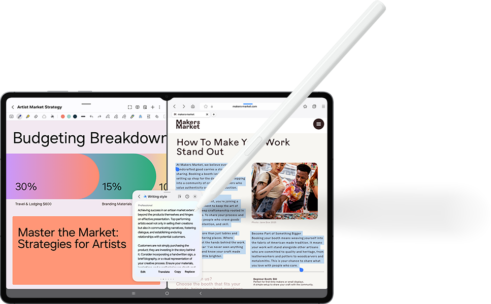 samsung-galaxy-tab-s11-ultra-appunti Galaxy Tab S11 Ultra con multitasking attivo e S Pen per appunti rapidi con AI