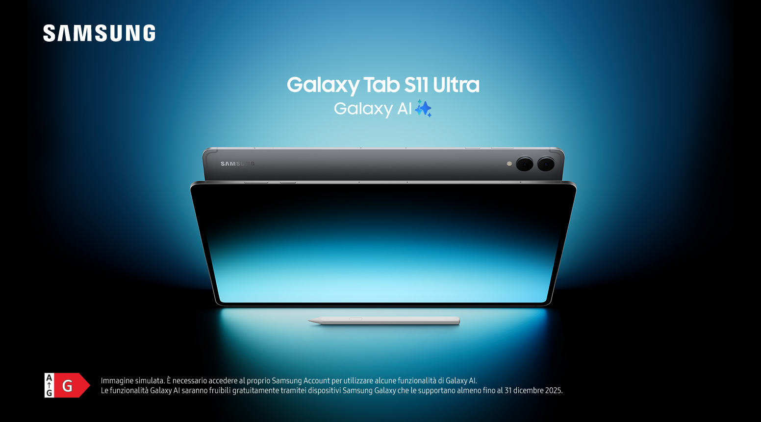 samsung-galaxy-tab-s11-ultra-head Samsung Galaxy Tab S11 Ultra con Galaxy AI, presentato su sfondo blu luminoso