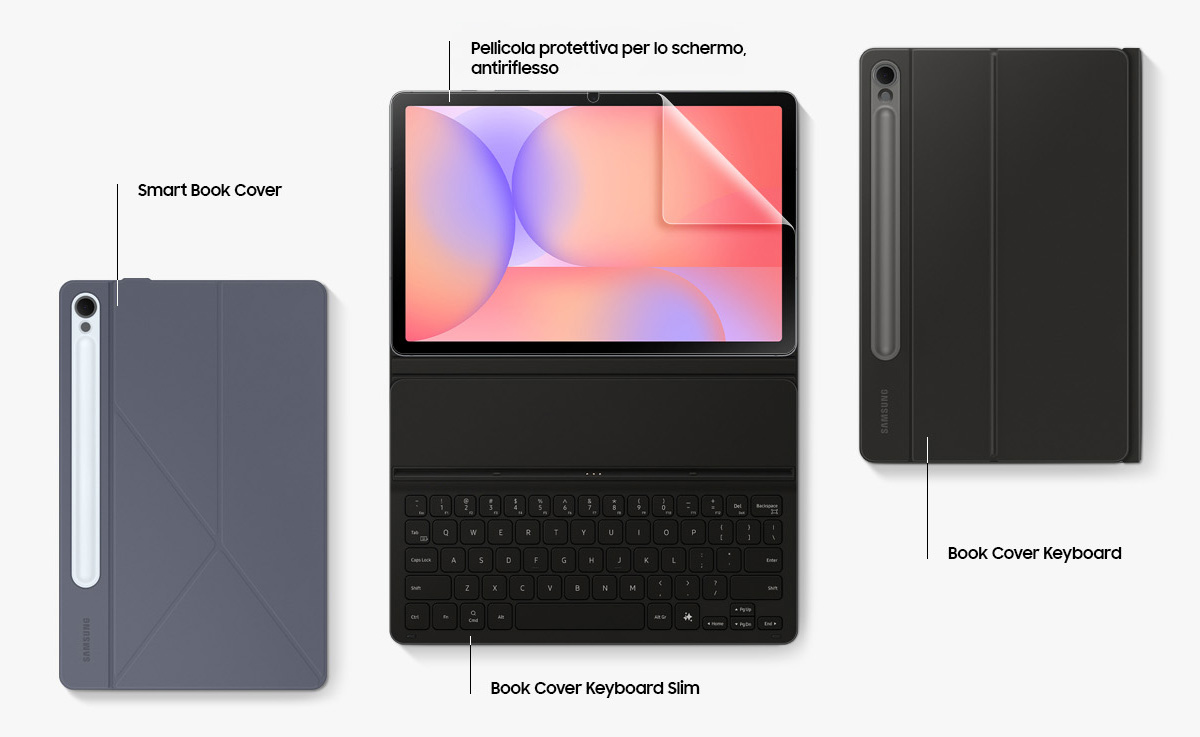 Galaxy Tab S10 Lite con cover protettiva, tastiera magnetica e vista frontale e posteriore del dispositivo