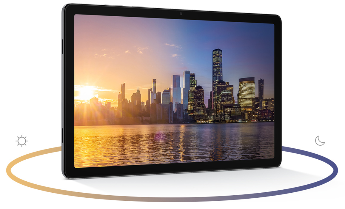 Galaxy Tab A11 con immagine di città moderna al tramonto