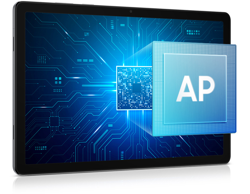 Schermo del Galaxy Tab A11 con grafica del processore su sfondo blu