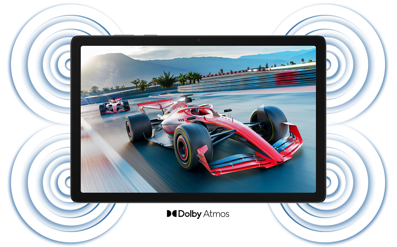 Galaxy Tab A11 con auto da corsa e onde sonore Dolby Atmos