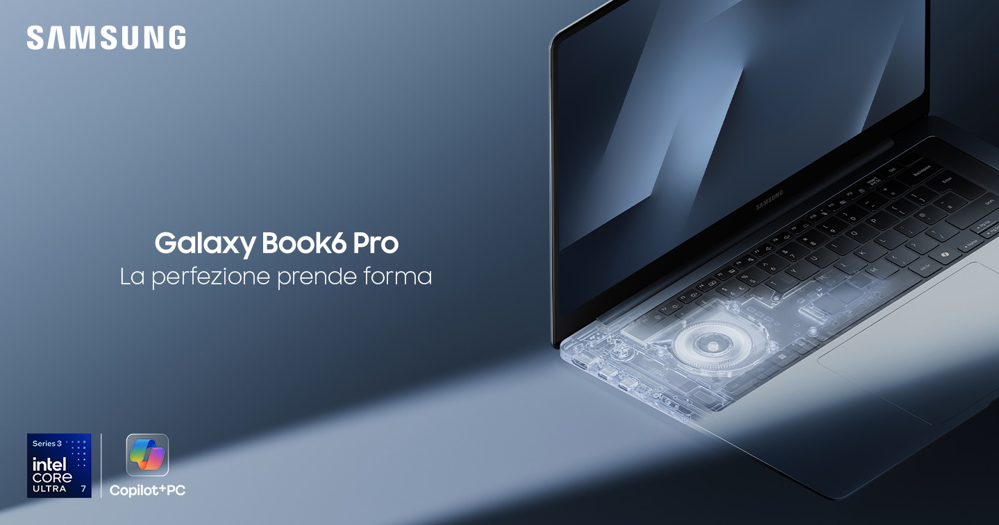 Samsung Galaxy Book6 Pro aperto su sfondo blu con design ultrasottile