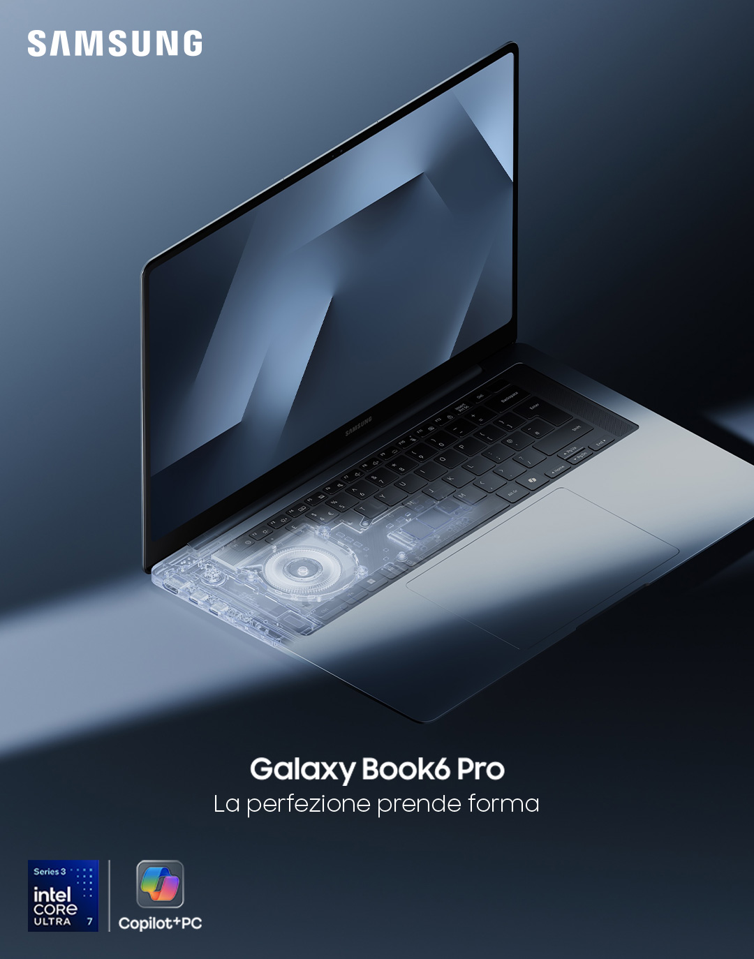 Samsung Galaxy Book6 Pro aperto su sfondo blu con design ultrasottile