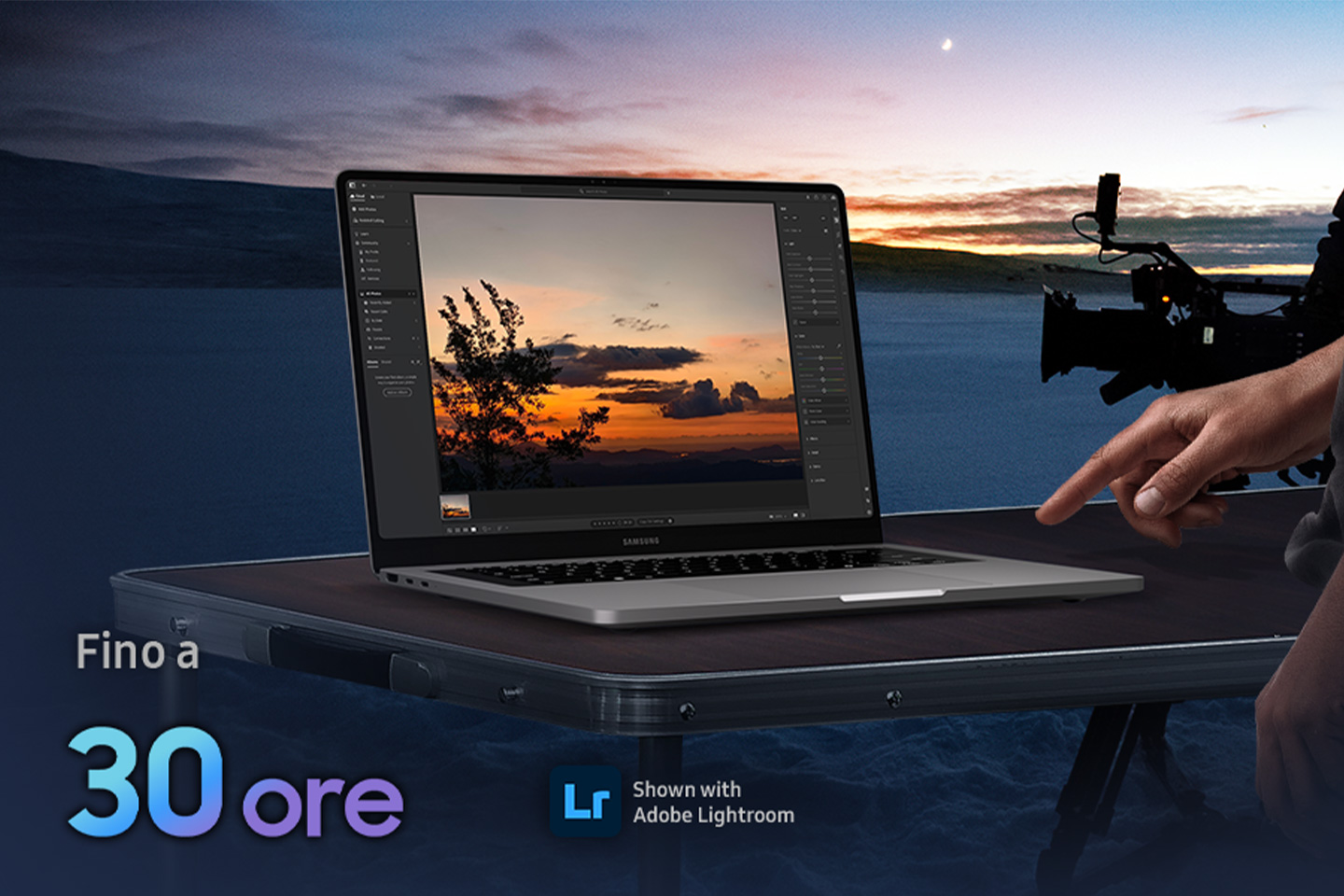 Galaxy Book6 Pro su tavolo al tramonto con autonomia fino a 30 ore