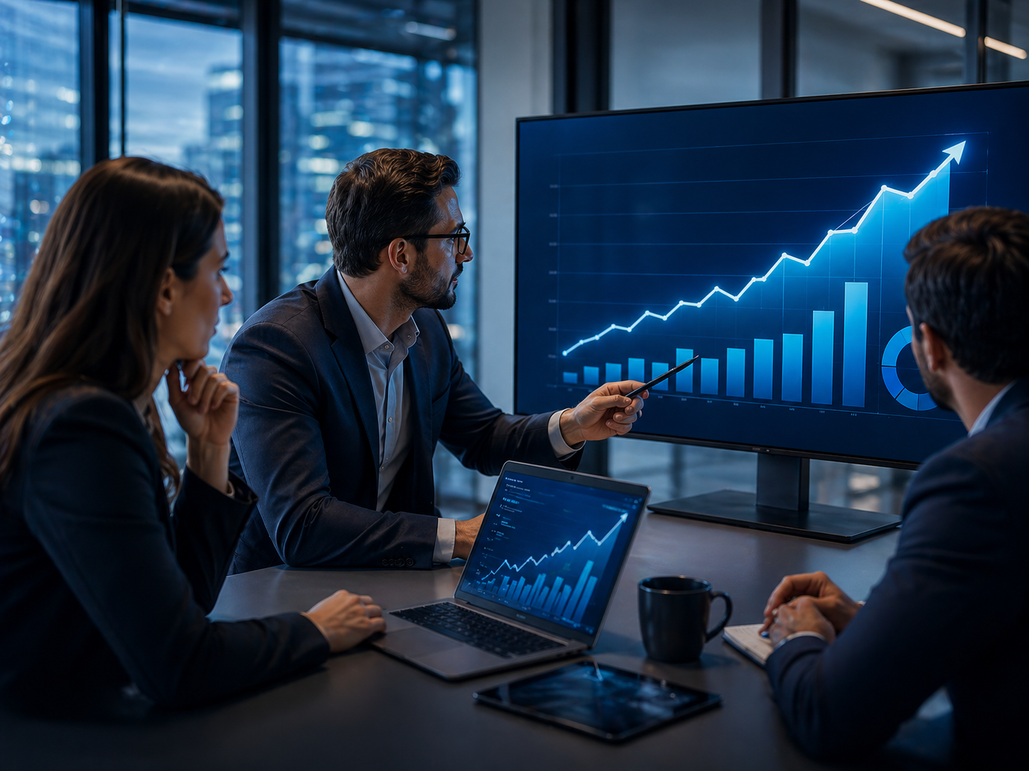 Team aziendale analizza grafici di crescita e ritorno sugli investimenti in progetti di intelligenza artificiale